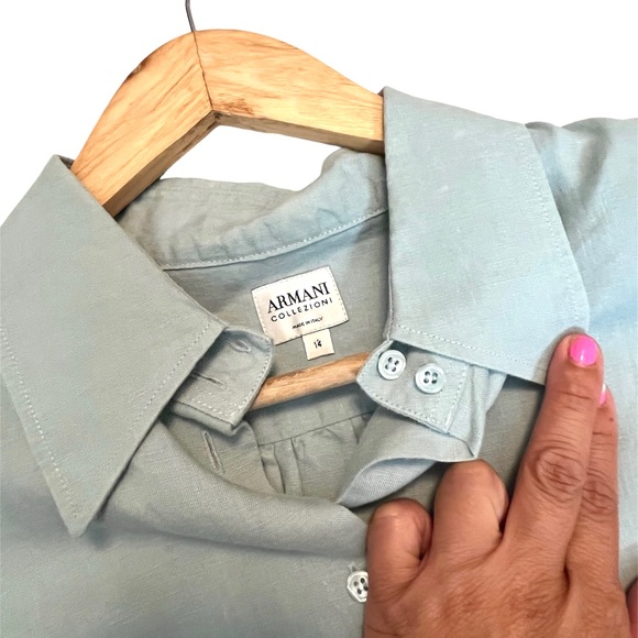 Armani Collezioni Mint Green Sleeveless Linen Button Down Shirt 14 - Picture 2 of 2